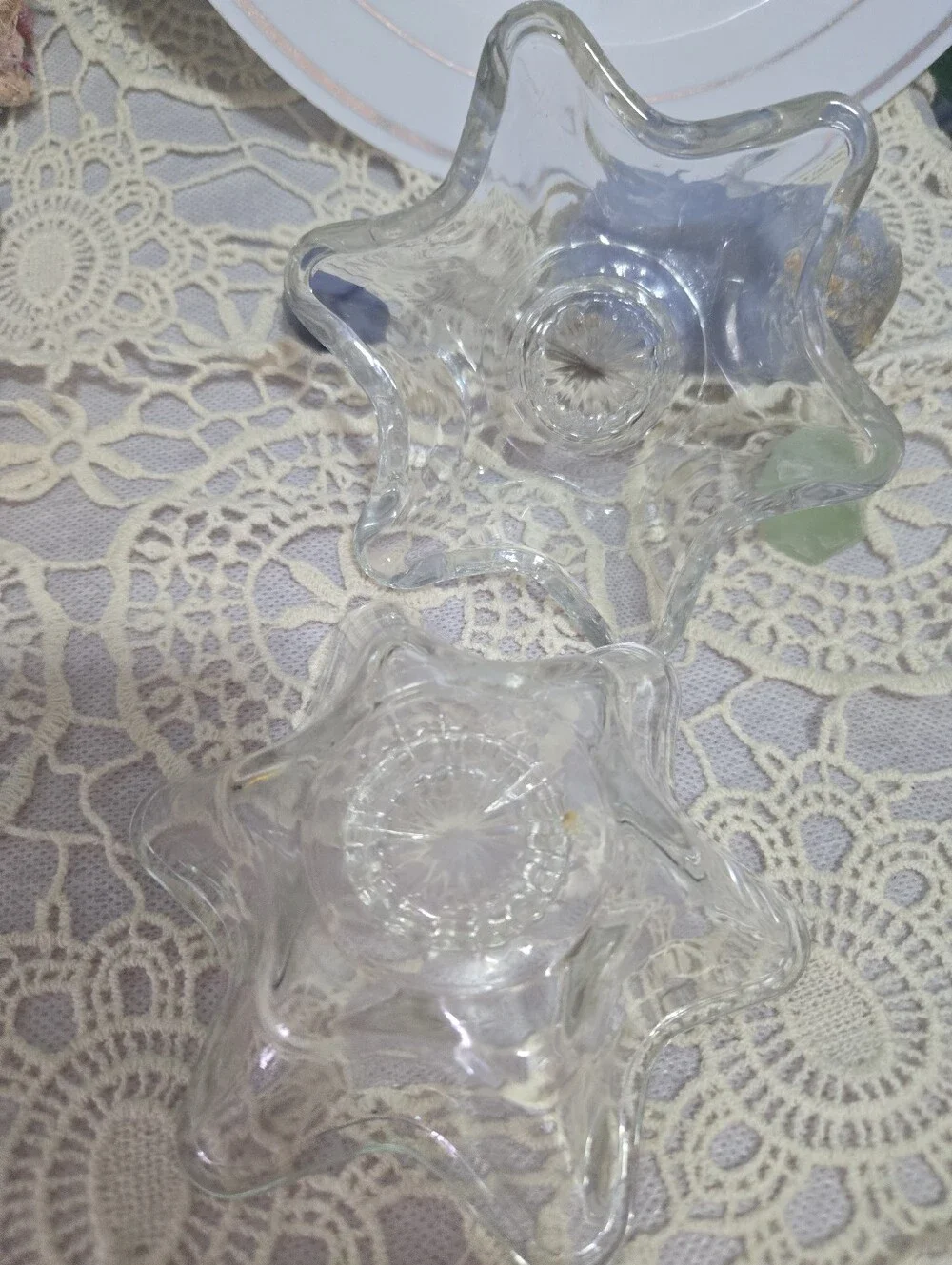 4/$15 Vintage Clear Glass Star Candle Holders Pair Heavy Glass Ring Dish Boho